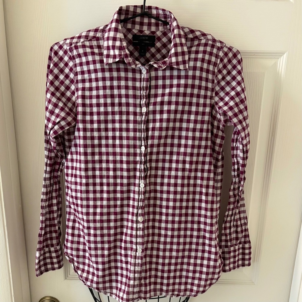 J.Crew Boy Fit Button Up Shirt Women's 2 Burgundy White Gingham Cotton